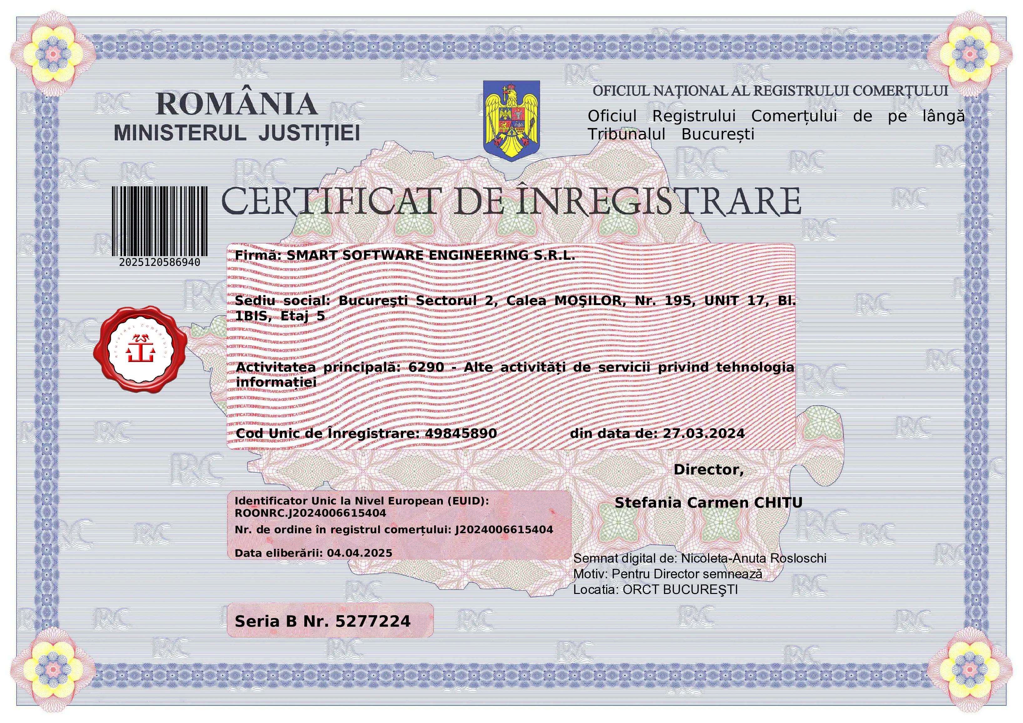 Certificate of Registration for Smart Software Engineering SRL